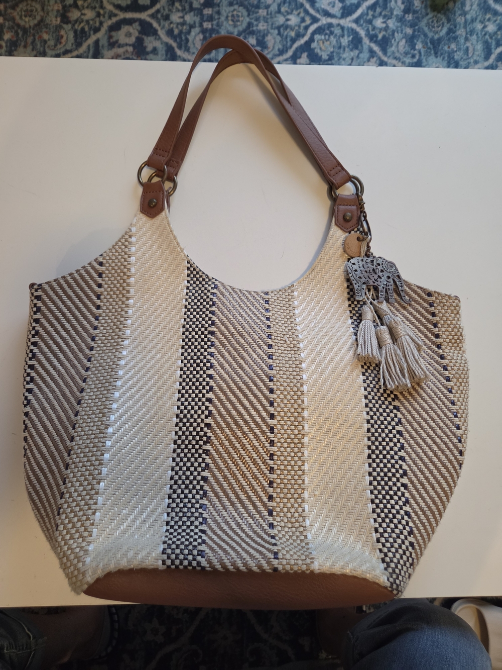 Sakroots Tote Bag with Tassel Charm - Beige & Brown